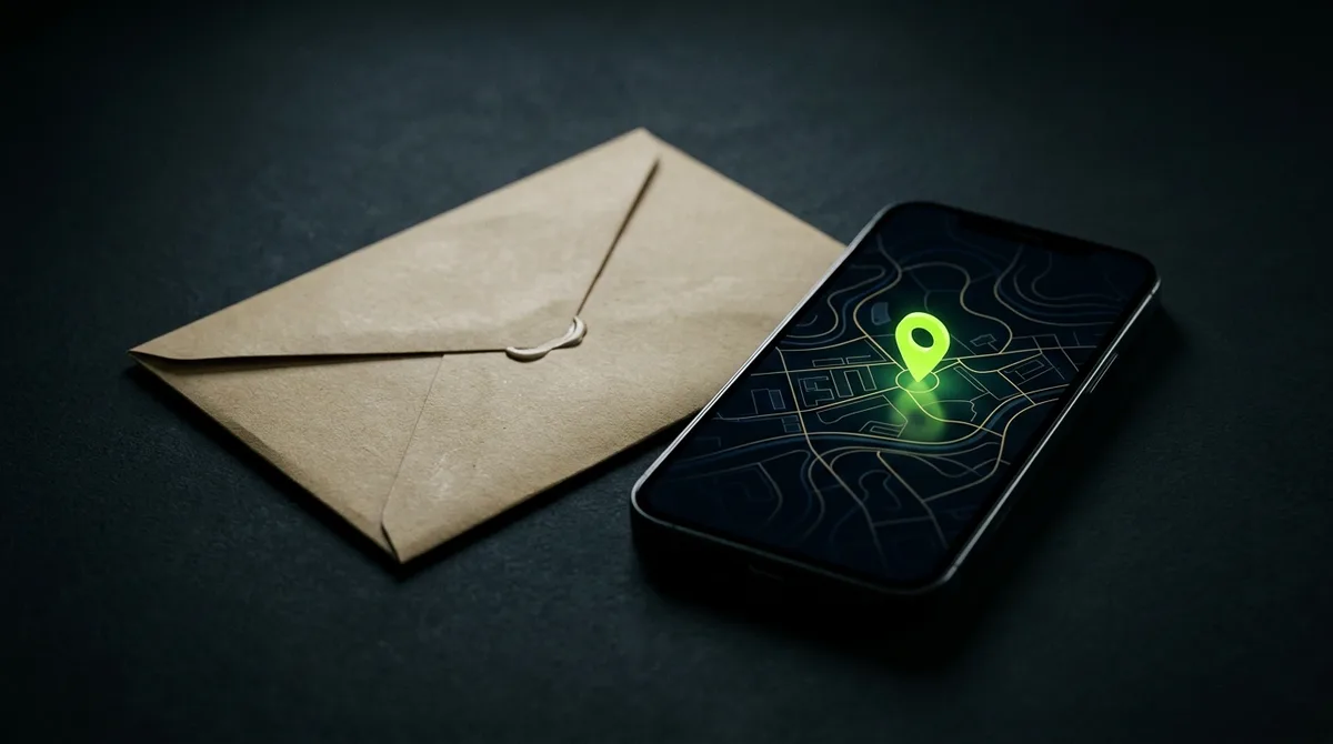 Envelope sobre uma mesa escura ao lado de um celular com um mapa na tela