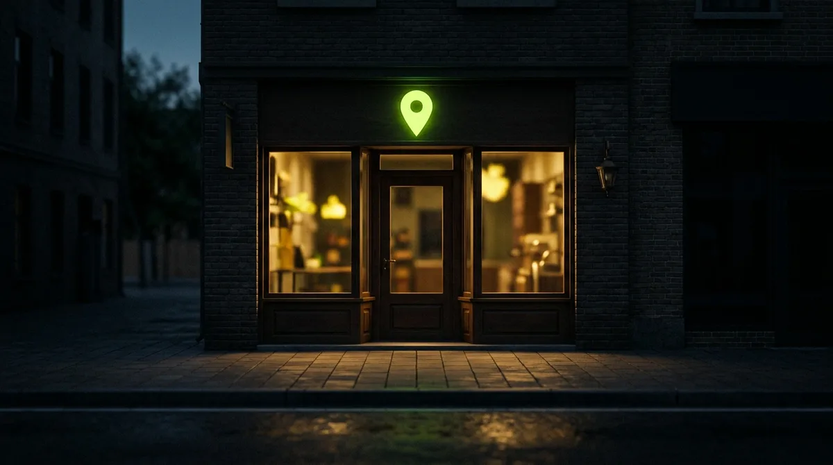 Fachada de uma pequena loja ao anoitecer, com luz quente por dentro e um alfinete de mapa verde-limão sobre a porta