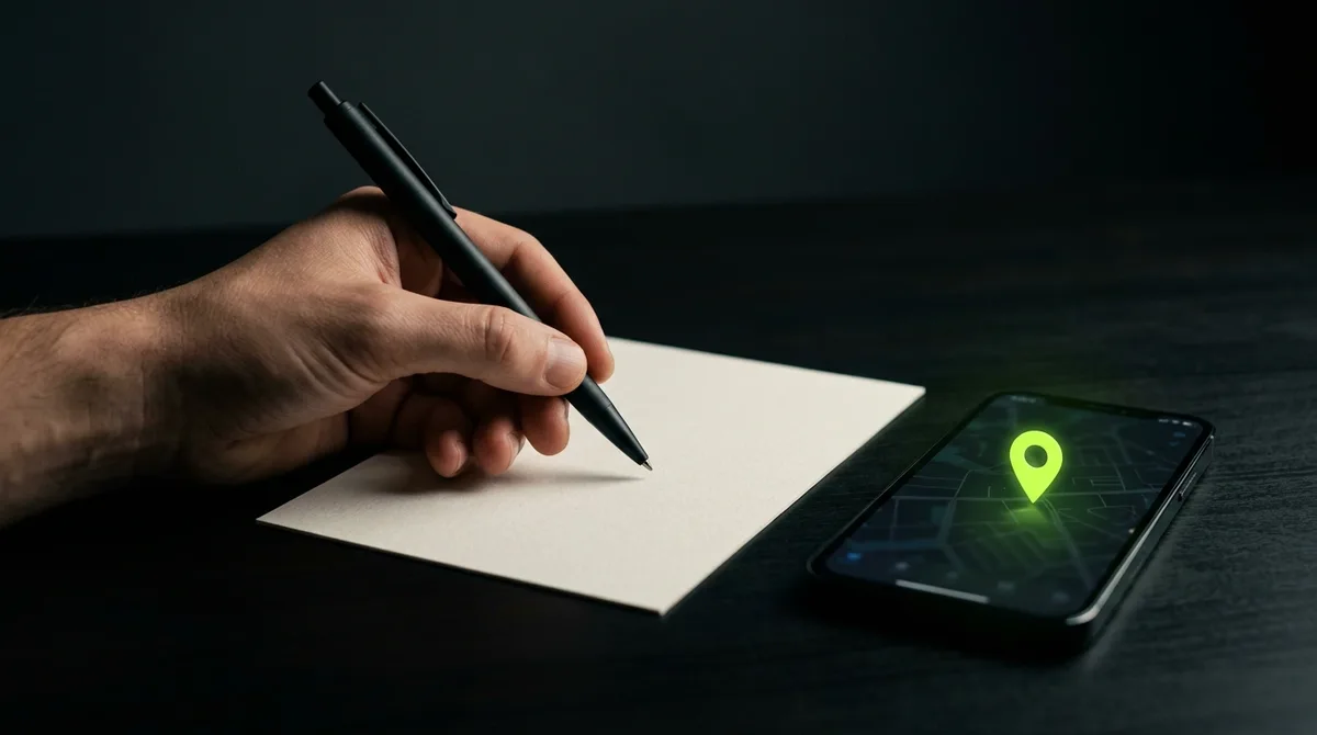 Mão segurando uma caneta sobre um cartão em branco numa mesa escura, ao lado de um celular com um alfinete de mapa verde-limão