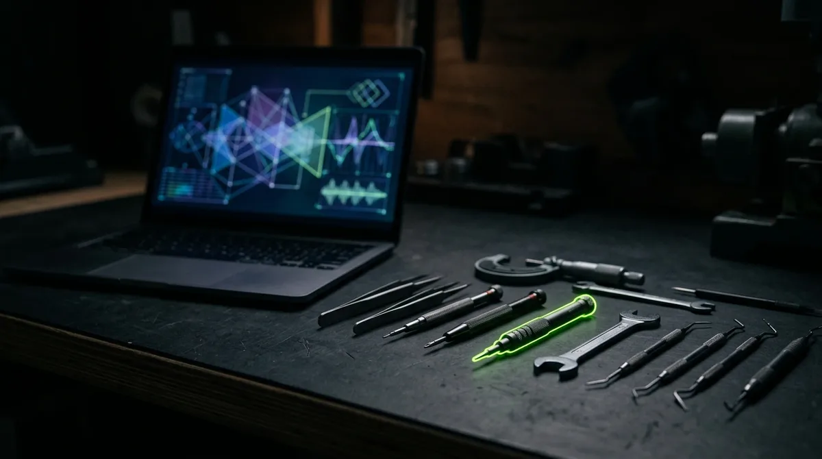 Ferramentas de precisão alinhadas numa bancada escura ao lado de um notebook com um gráfico abstrato, uma delas contornada em verde-limão