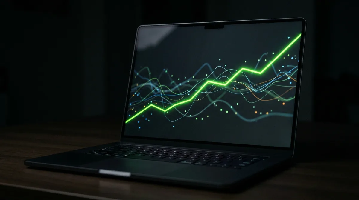 Tela de notebook com gráficos abstratos de linhas e pontos, com uma linha verde-limão subindo, num ambiente escuro