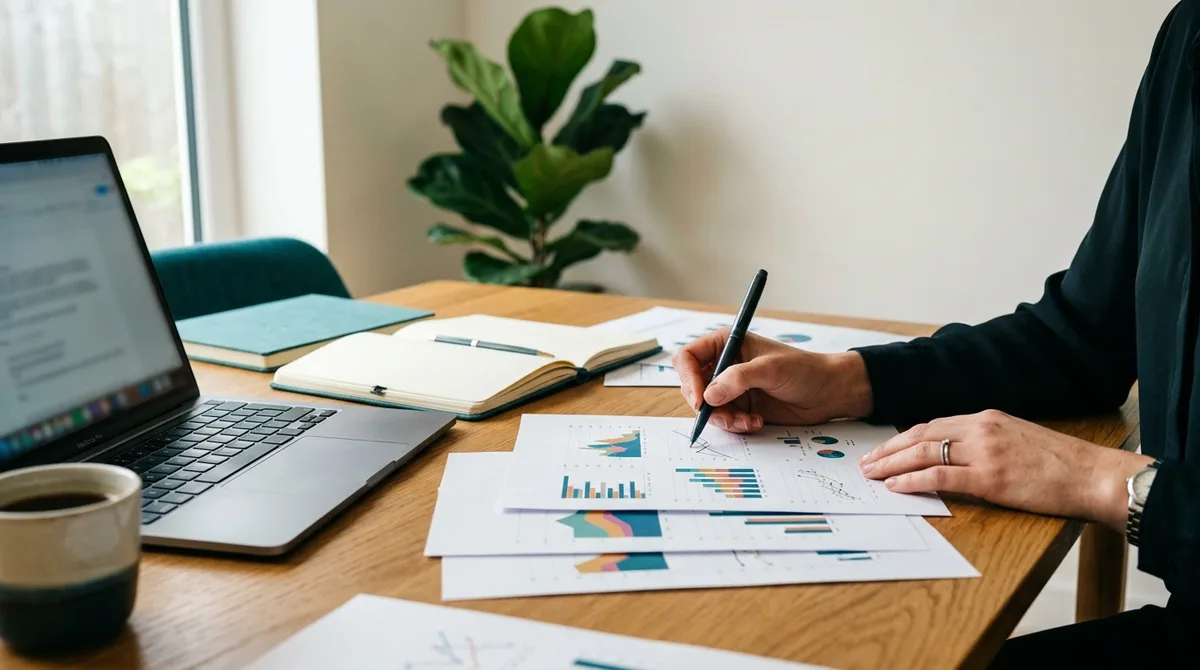 Consultor analisando gráficos impressos em uma mesa de trabalho