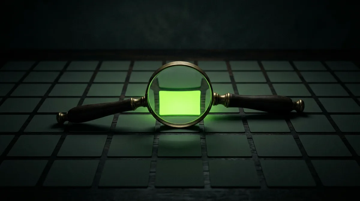 Lupa sobre uma grade de cartões escuros, com um único cartão iluminado em verde-limão