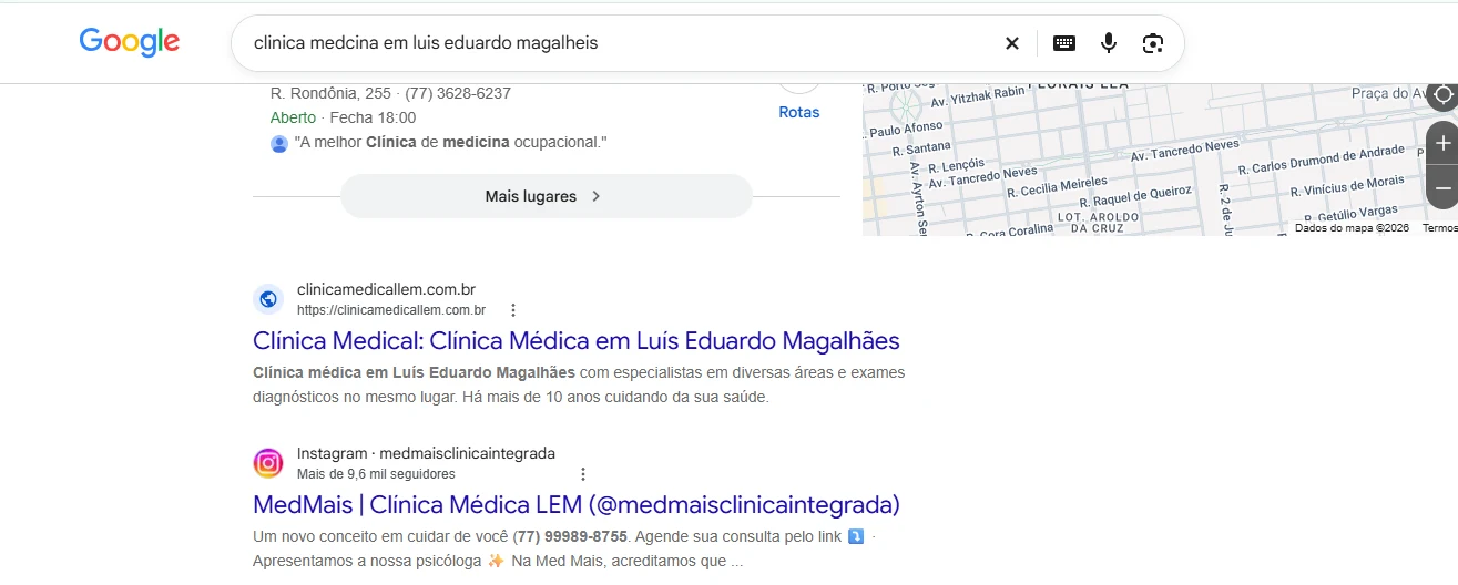 Resultado do Google com o site da Clínica Medical em primeiro lugar orgânico para clínica médica em Luís Eduardo Magalhães