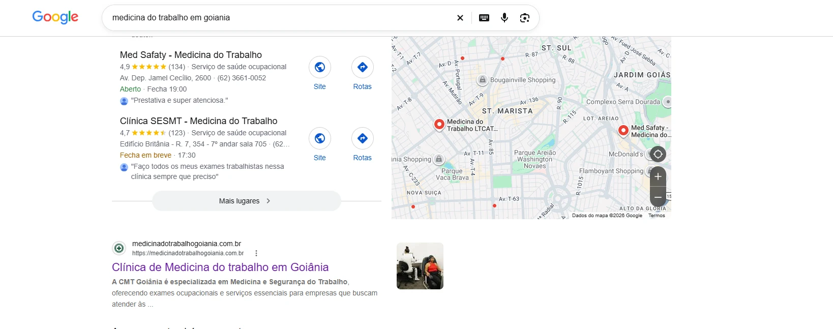 Resultado do Google com o site da CMT Goiânia em primeiro lugar orgânico para medicina do trabalho em Goiânia